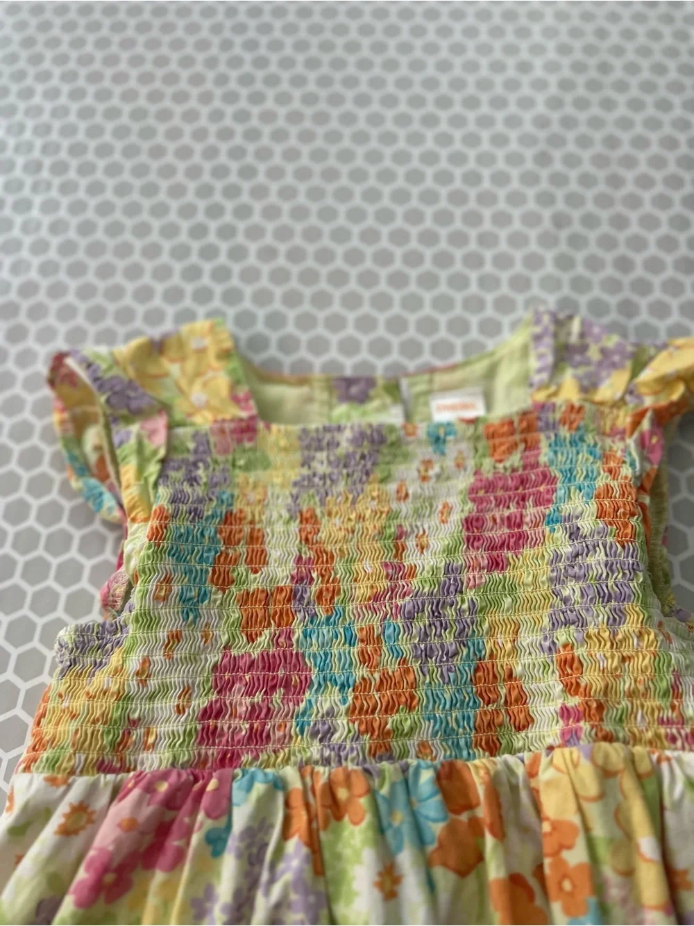 Gymboree Yellow Floral Smocked Dress with Orange, Pink & Purple Accents. Size 6
